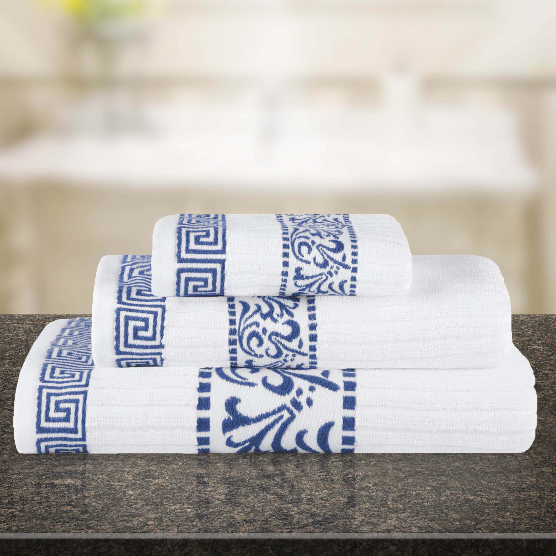 Athens Cotton Medium Weight Floral Greek Key Trim 3 Piece Towel Set - White-NavyBlue