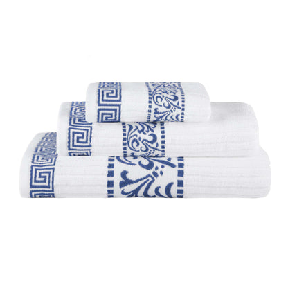 Athens Cotton Medium Weight Floral Greek Key Trim 3 Piece Towel Set - White-NavyBlue