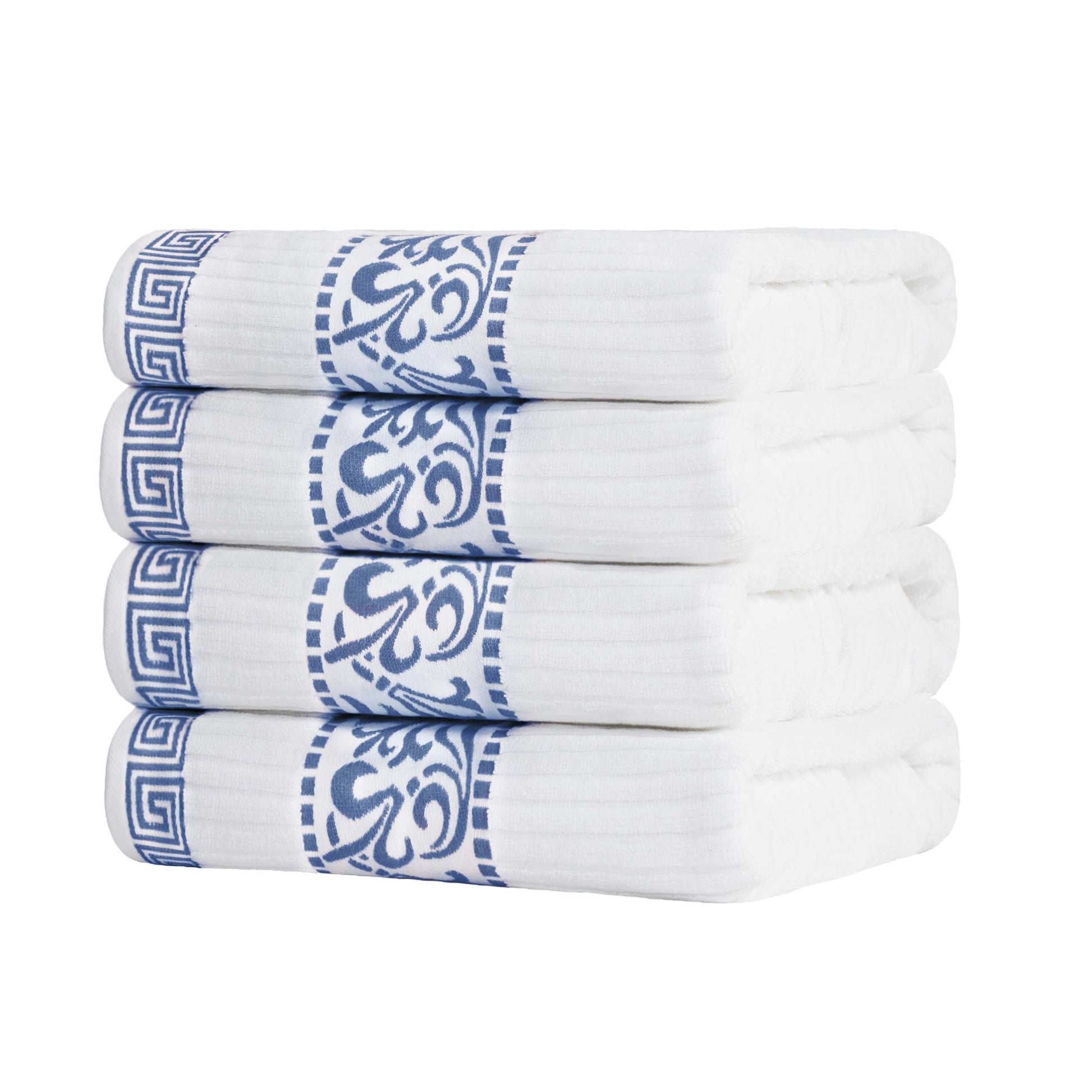Athens Cotton Greek Key Trim Bath Towel Set of 4 - White-NavyBlue