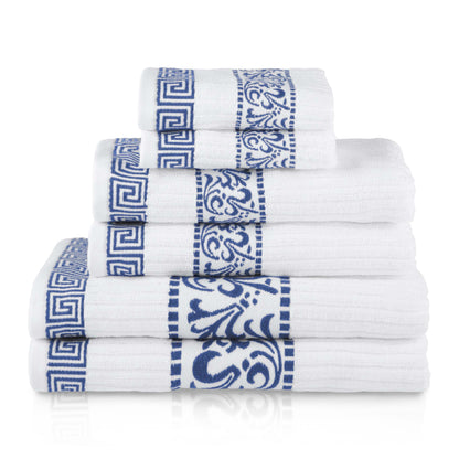 Athens Cotton Medium Weight Floral Greek Key Trim 6 Piece Towel Set - White-NavyBlue