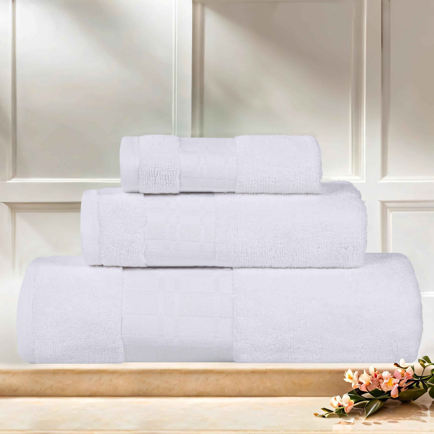 Larissa Cotton Geometric Border 3 Piece Assorted Towel Set - White