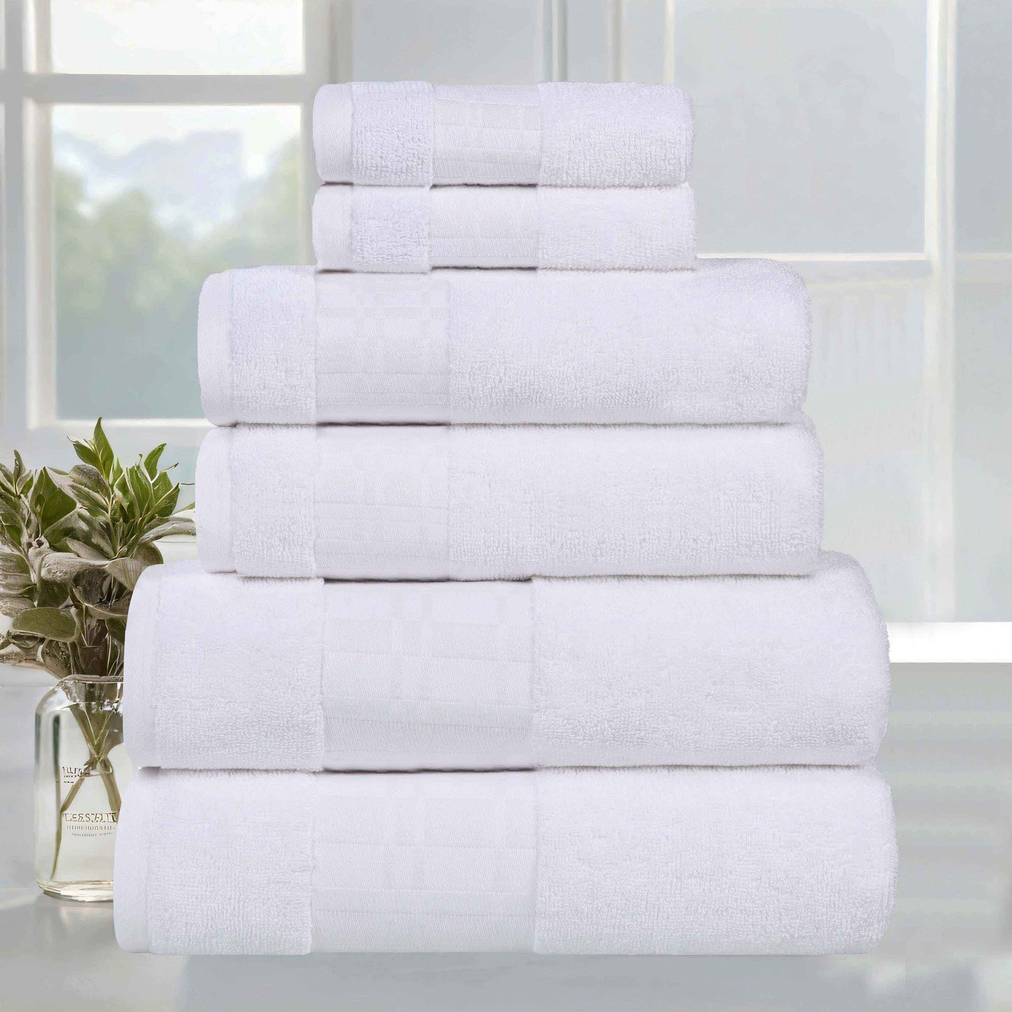 Larissa Cotton Geometric Border 6 Piece Assorted Towel Set - White-White