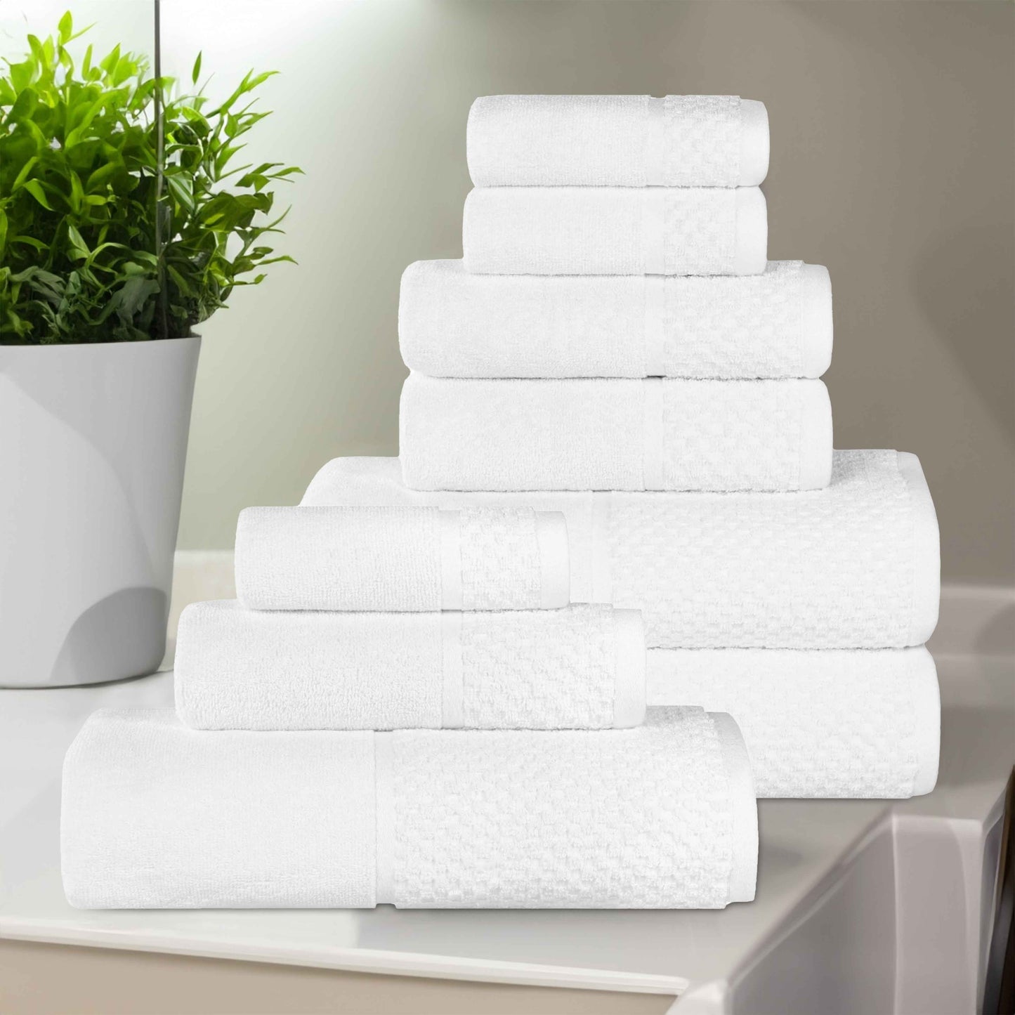 Lodie Cotton Jacquard Solid and Two-Toned 9 Piece Assorted Towel Set - White