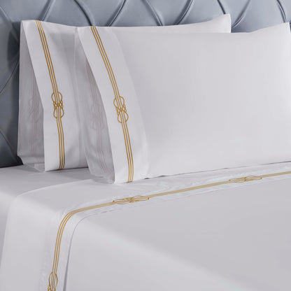 Moonlawn Cotton Gold Embroidered Deep Pocket Bed Sheet Set - White-Gold