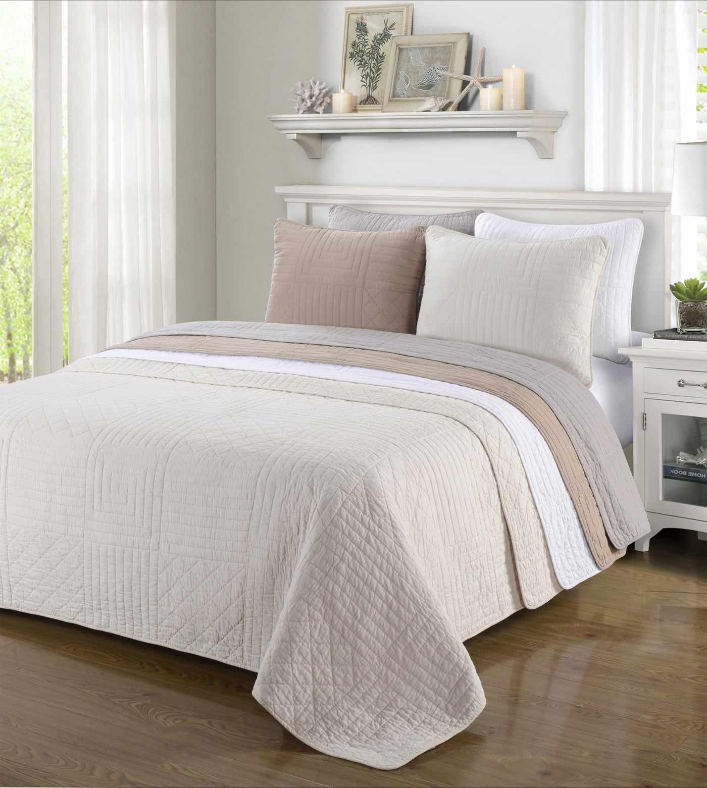 Williams Modern Farmhouse Cotton Geometric Reversible Quilt and Sham Set - Taupe