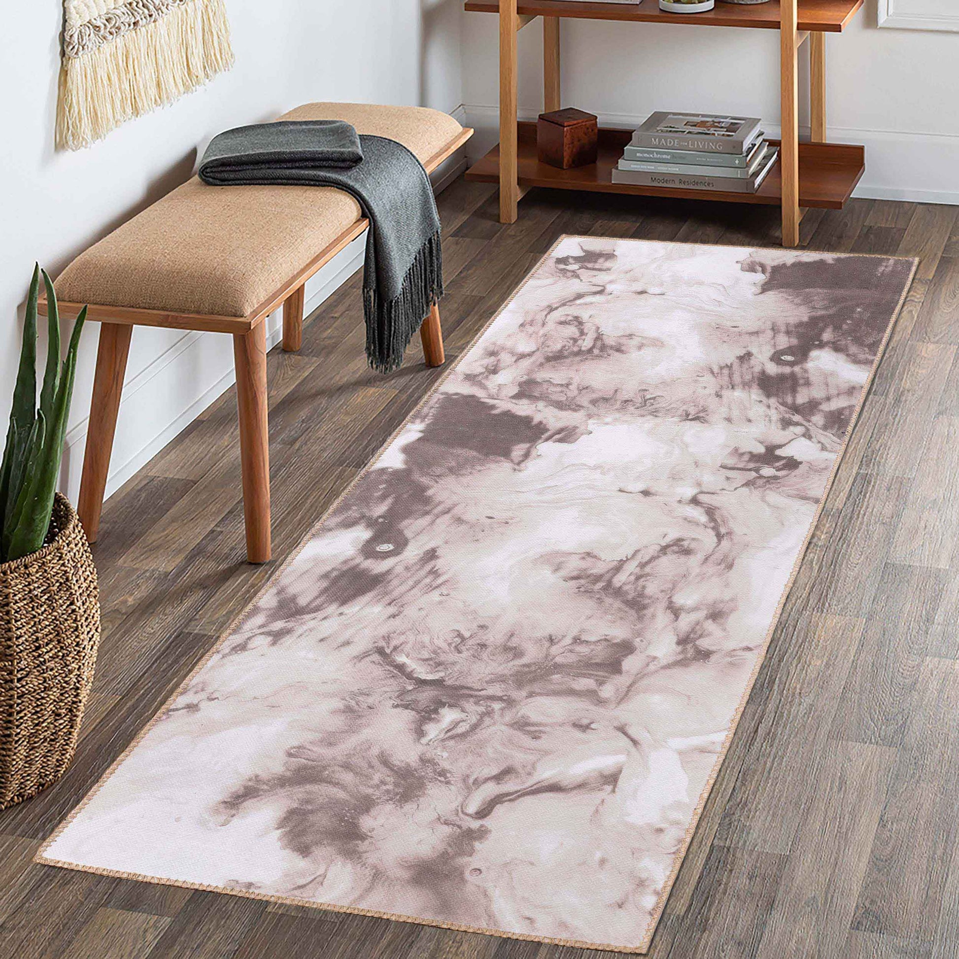 Yuma Abstract Marble Washable Indoor Area Rug or Runner Rug - Beige