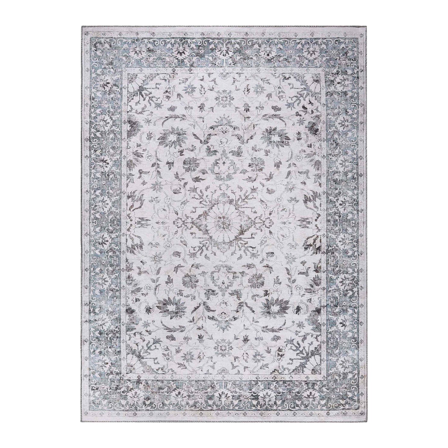 Agra Floral Scroll Border Washable Indoor Area Rug or Runner