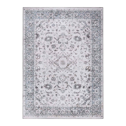 Agra Floral Scroll Border Washable Indoor Area Rug or Runner