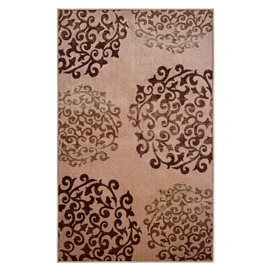 Amber Floral Scroll Medallion Non-Slip Washable Indoor Area Rug or Runner