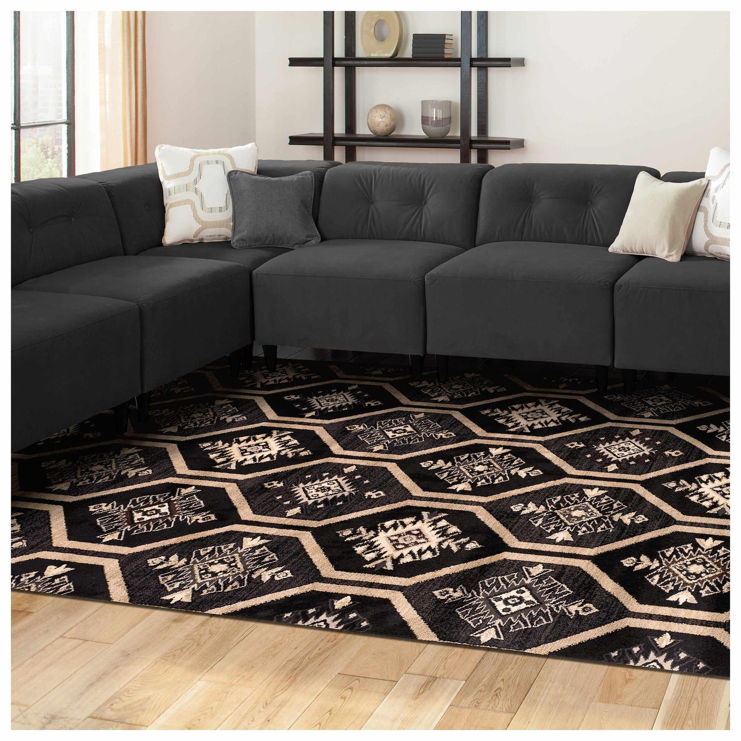 Superior Aurora Hexagon Medallion Geometric Area Rug or Runner - Black