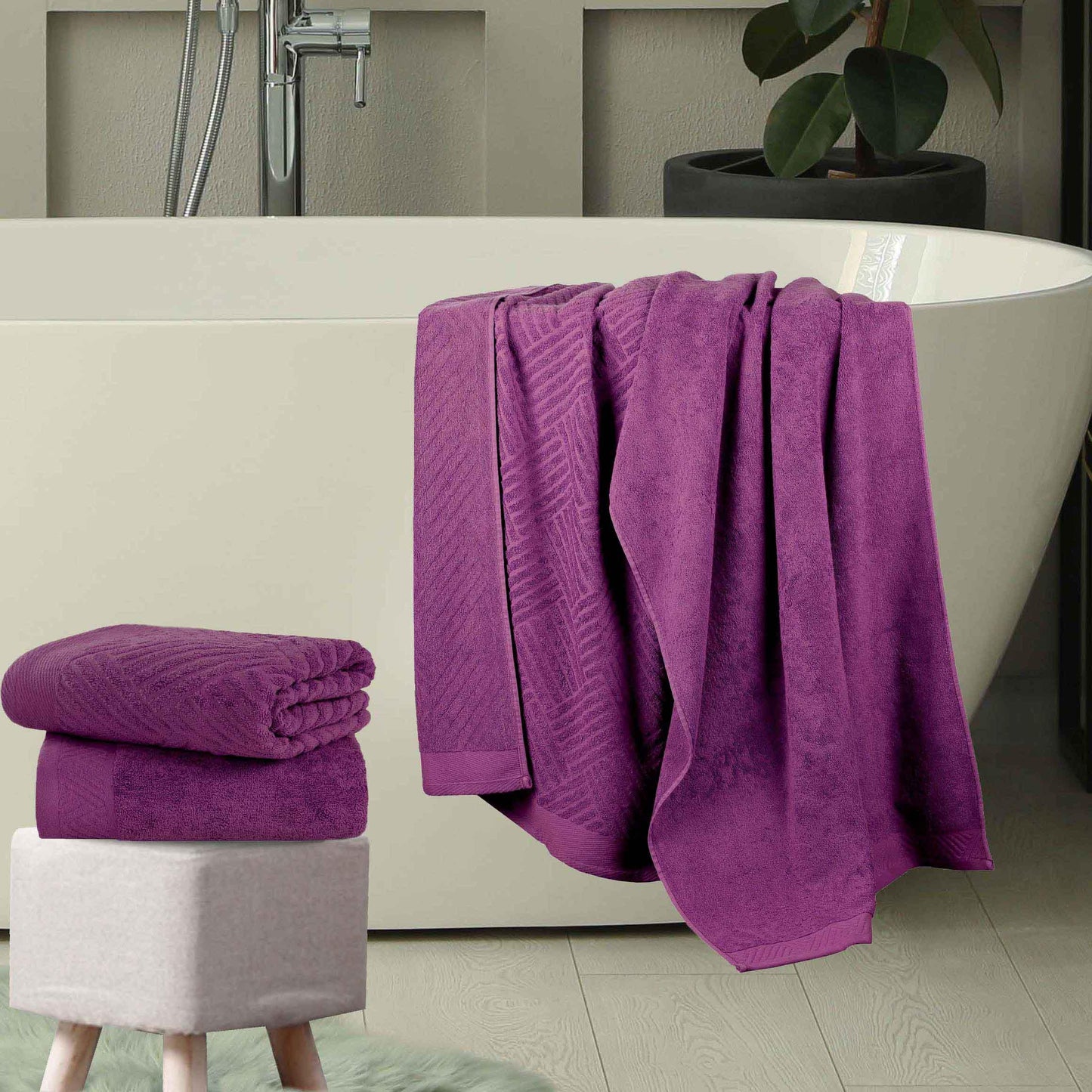 Basketweave Egyptian Cotton Jacquard and Solid Bath Towel Set of 4