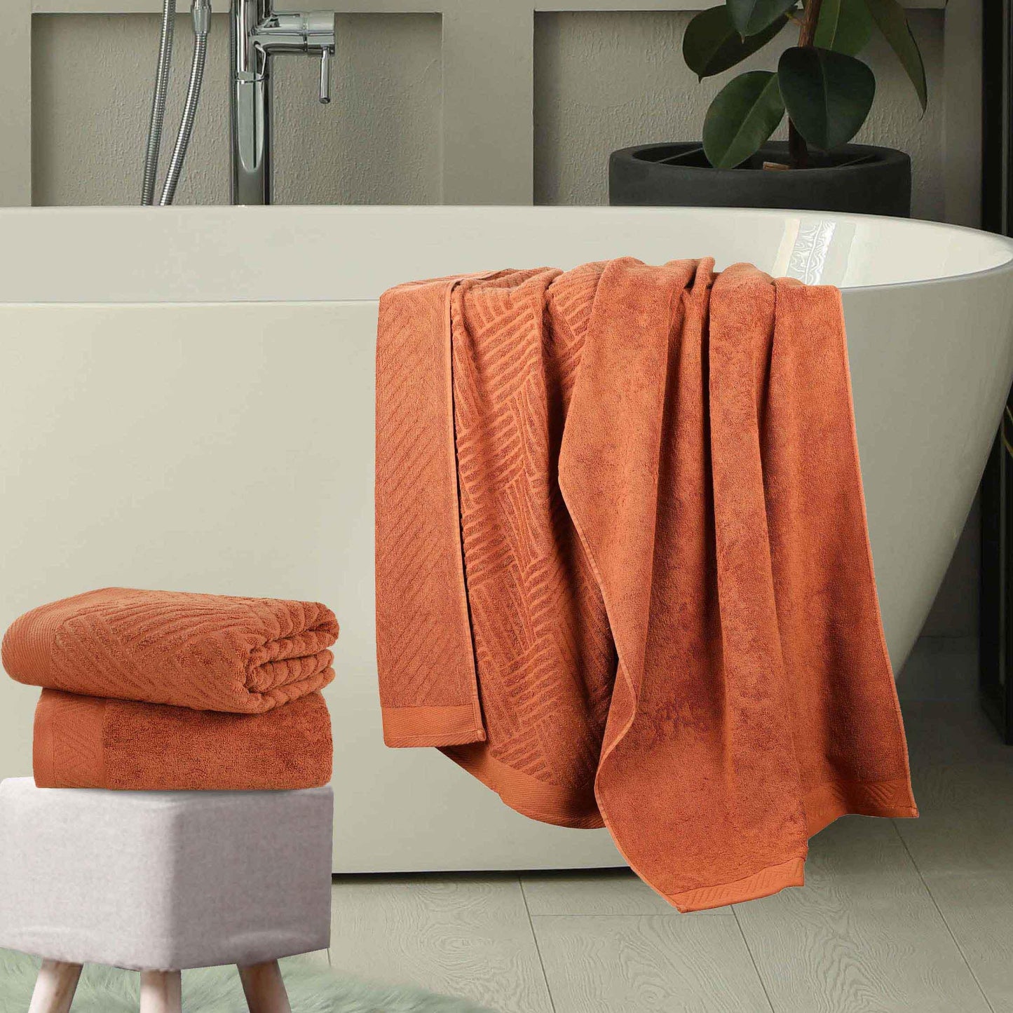 Basketweave Egyptian Cotton Jacquard and Solid Bath Towel Set of 4