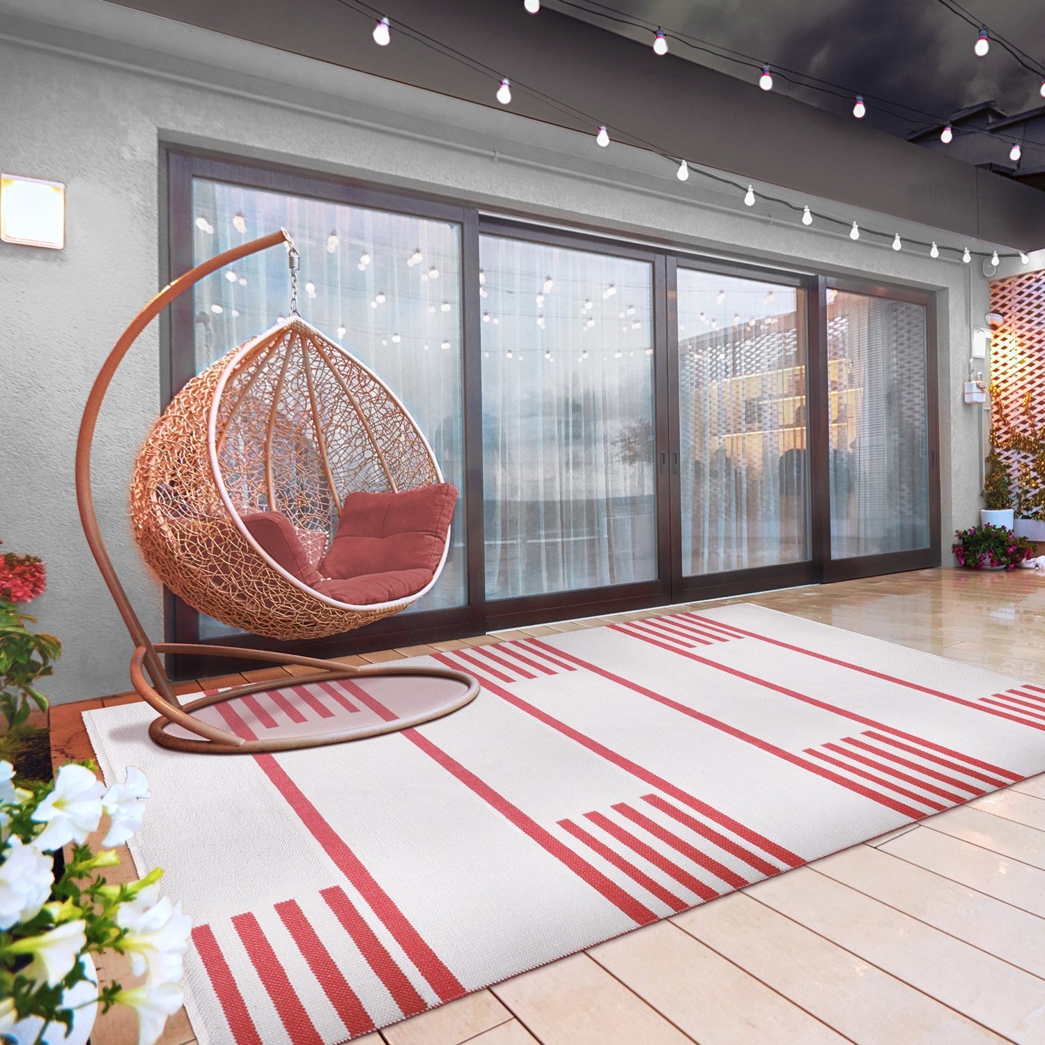  Superior Modern Line Pattern Indoor/ Outdoor Area Rug - Ivory/Red