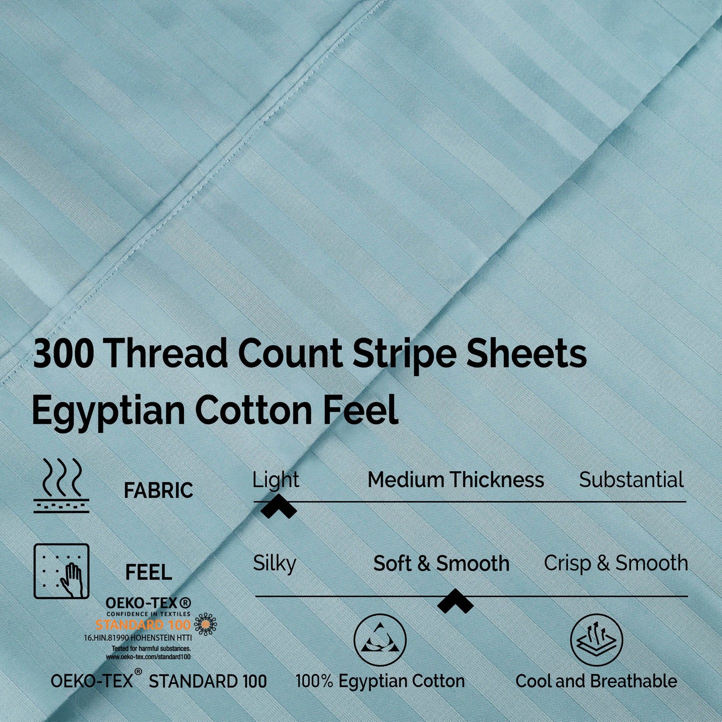 Superior 300 Thread Count Premium Egyptian Cotton Stripe Sheet Set - Light Blue