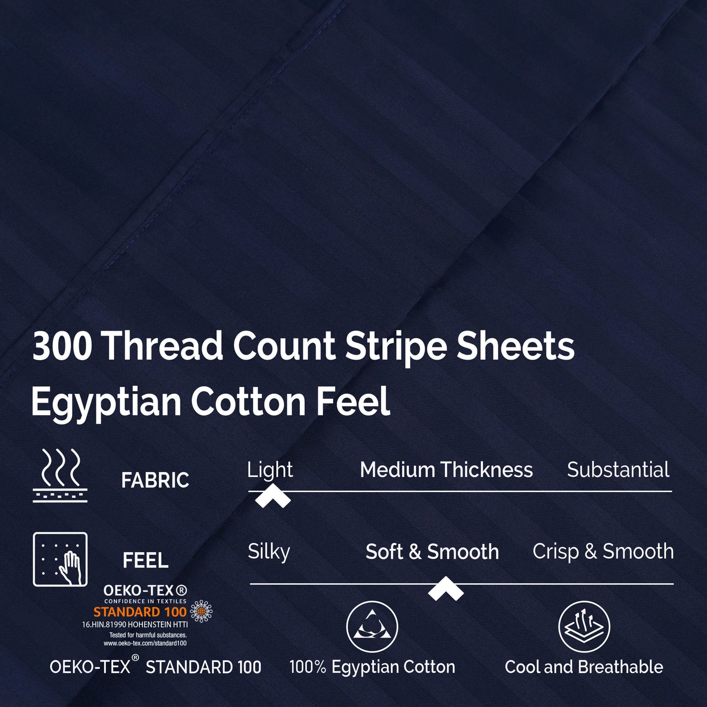 Superior 300 Thread Count Premium Egyptian Cotton Stripe Sheet Set - Navy Blue