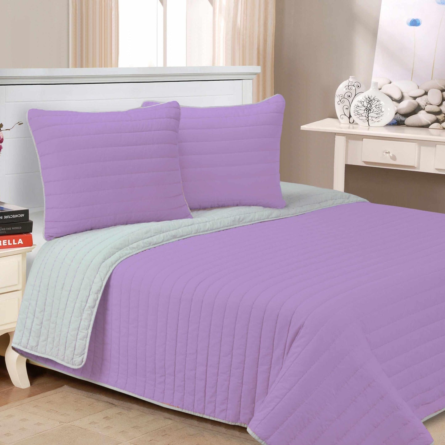 Brandon Solid Cotton Reversible Breathable Quilt and Sham Set