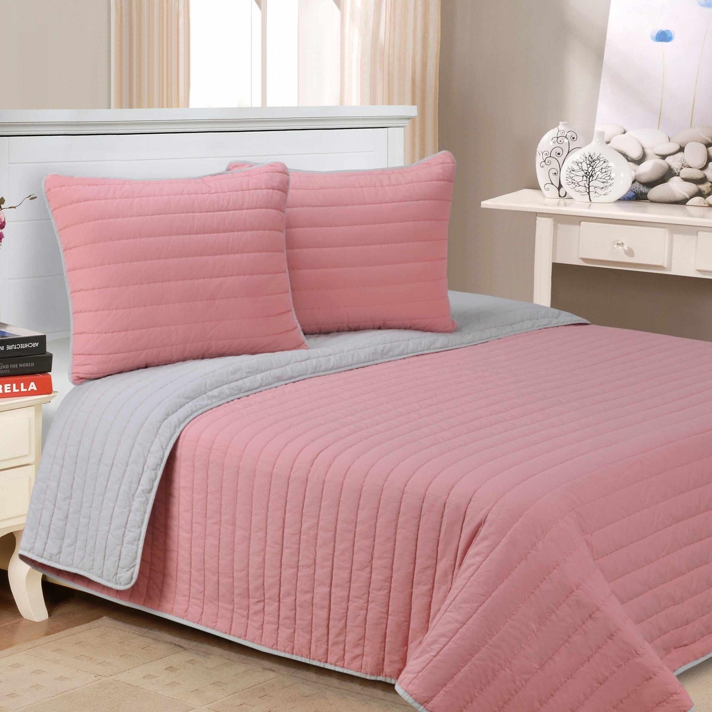Brandon Solid Cotton Reversible Breathable Quilt and Sham Set