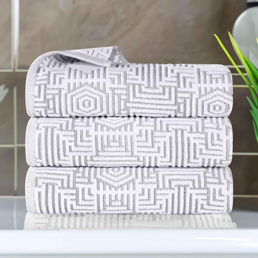 Cotton Modern Geometric Jacquard Plush Absorbent Bath Towel Set of 3