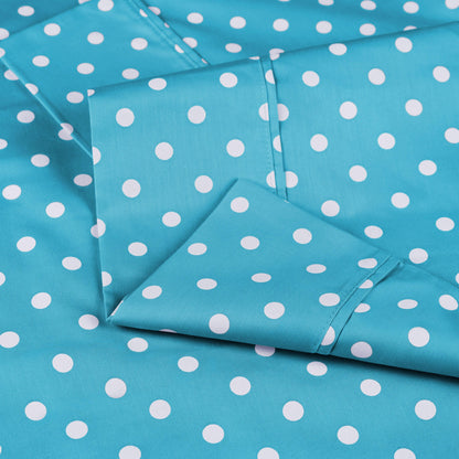 600 Thread Count Cotton Blend Polka Dot Luxury Deep Pocket Retro Bed Sheet Set - Aqua