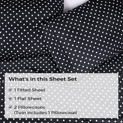 600 Thread Count Cotton Blend Polka Dot Luxury Deep Pocket Retro Bed Sheet Set - Black