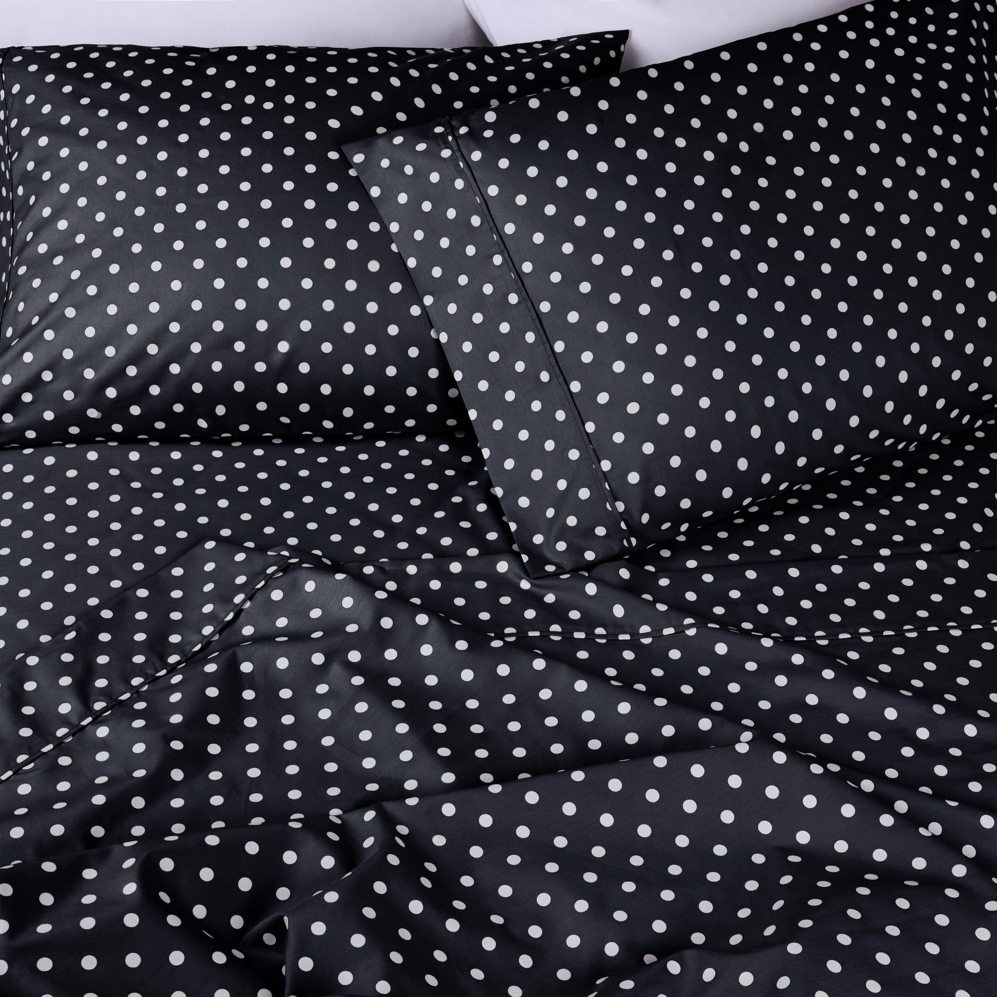 600 Thread Count Cotton Blend Polka Dot Luxury Deep Pocket Retro Bed Sheet Set - Black