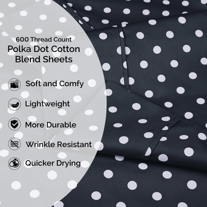 600 Thread Count Cotton Blend Polka Dot Luxury Deep Pocket Retro Bed Sheet Set - Black