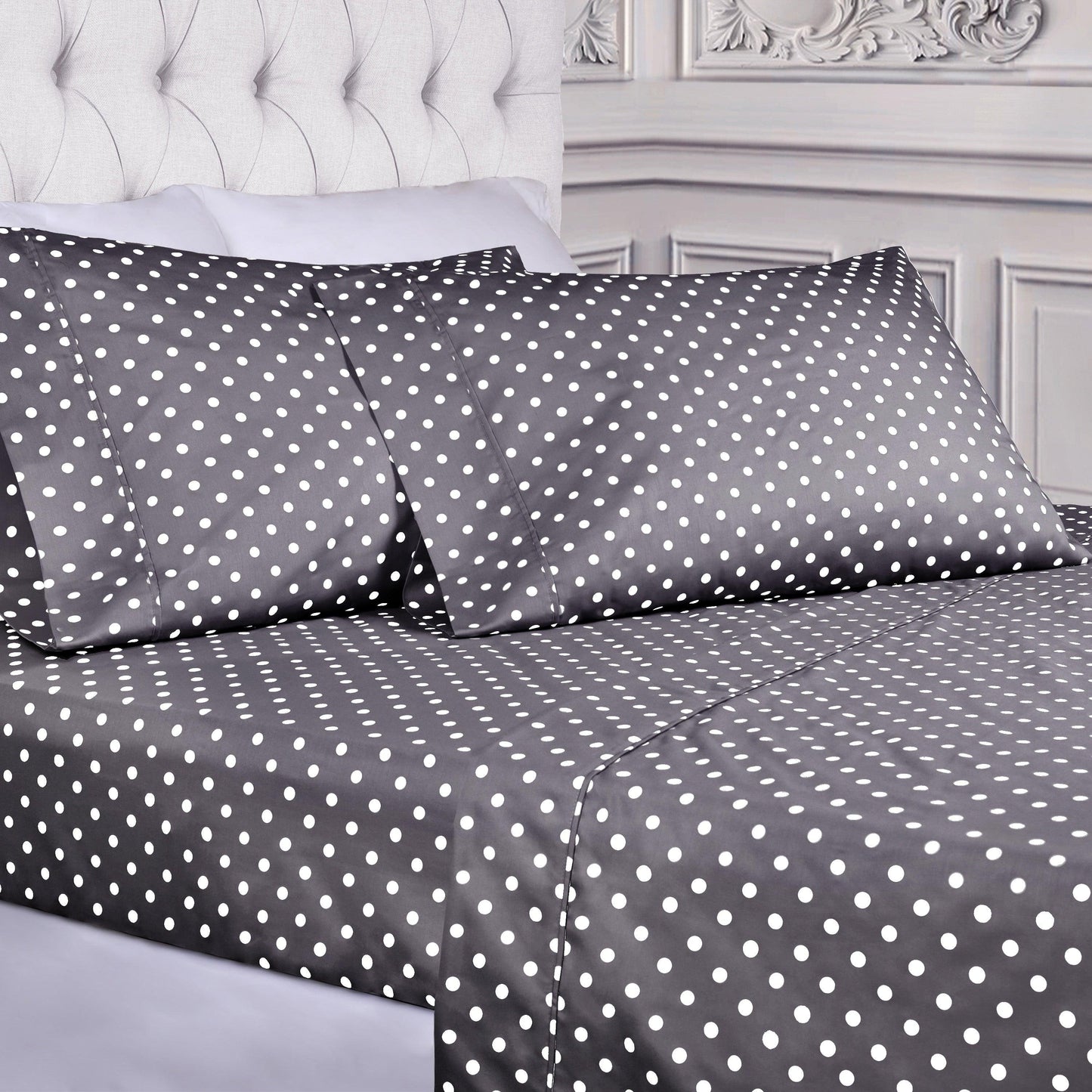 600 Thread Count Cotton Blend Polka Dot Luxury Deep Pocket Retro Bed Sheet Set - Grey
