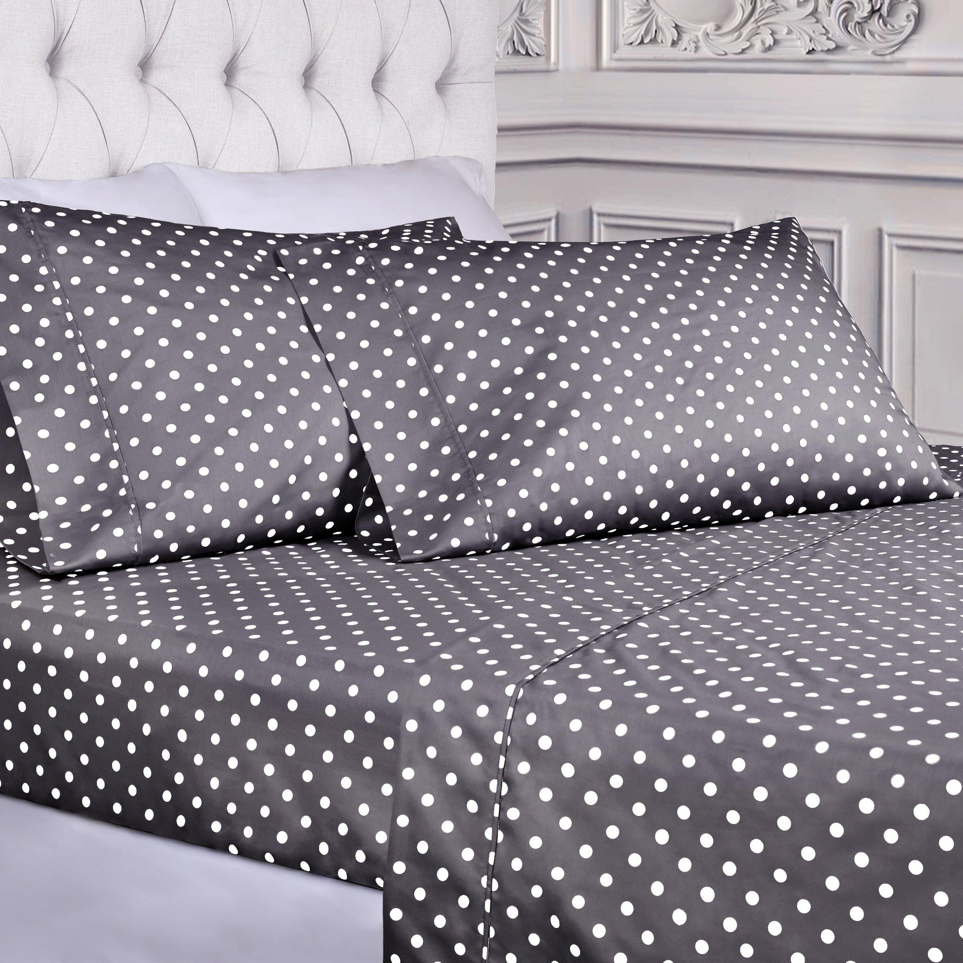 600 Thread Count Cotton Blend Polka Dot Luxury Deep Pocket Retro Bed Sheet Set - Grey