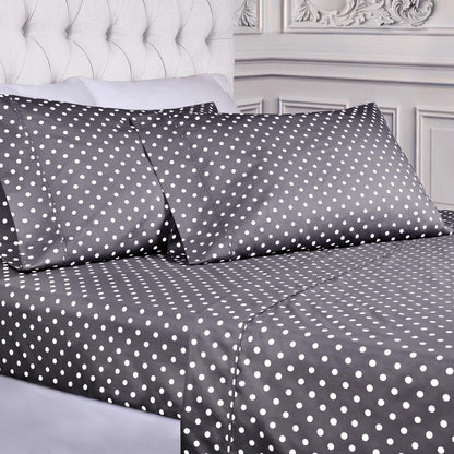 600 Thread Count Cotton Blend Polka Dot Luxury Deep Pocket Retro Bed Sheet Set - Grey