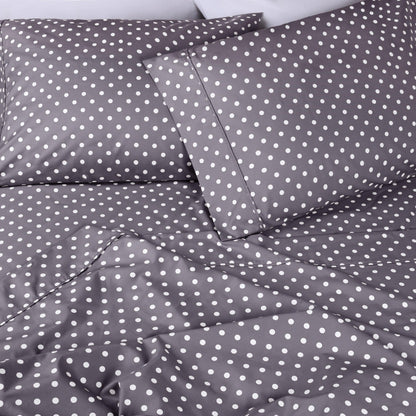 600 Thread Count Cotton Blend Polka Dot Luxury Deep Pocket Retro Bed Sheet Set - Grey