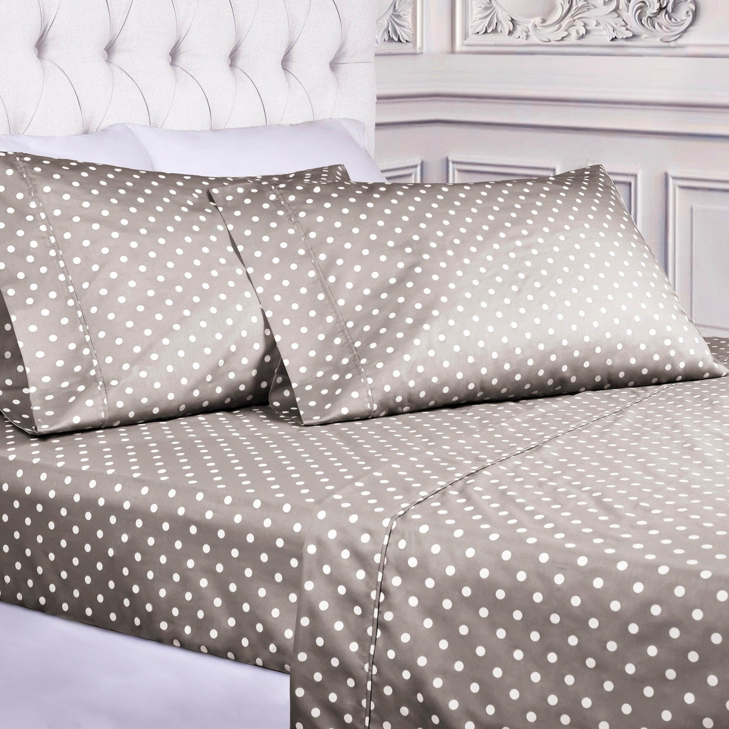 600 Thread Count Cotton Blend Polka Dot Luxury Deep Pocket Retro Bed Sheet Set - Light Grey