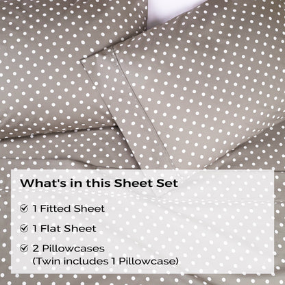 600 Thread Count Cotton Blend Polka Dot Luxury Deep Pocket Retro Bed Sheet Set - Light Grey