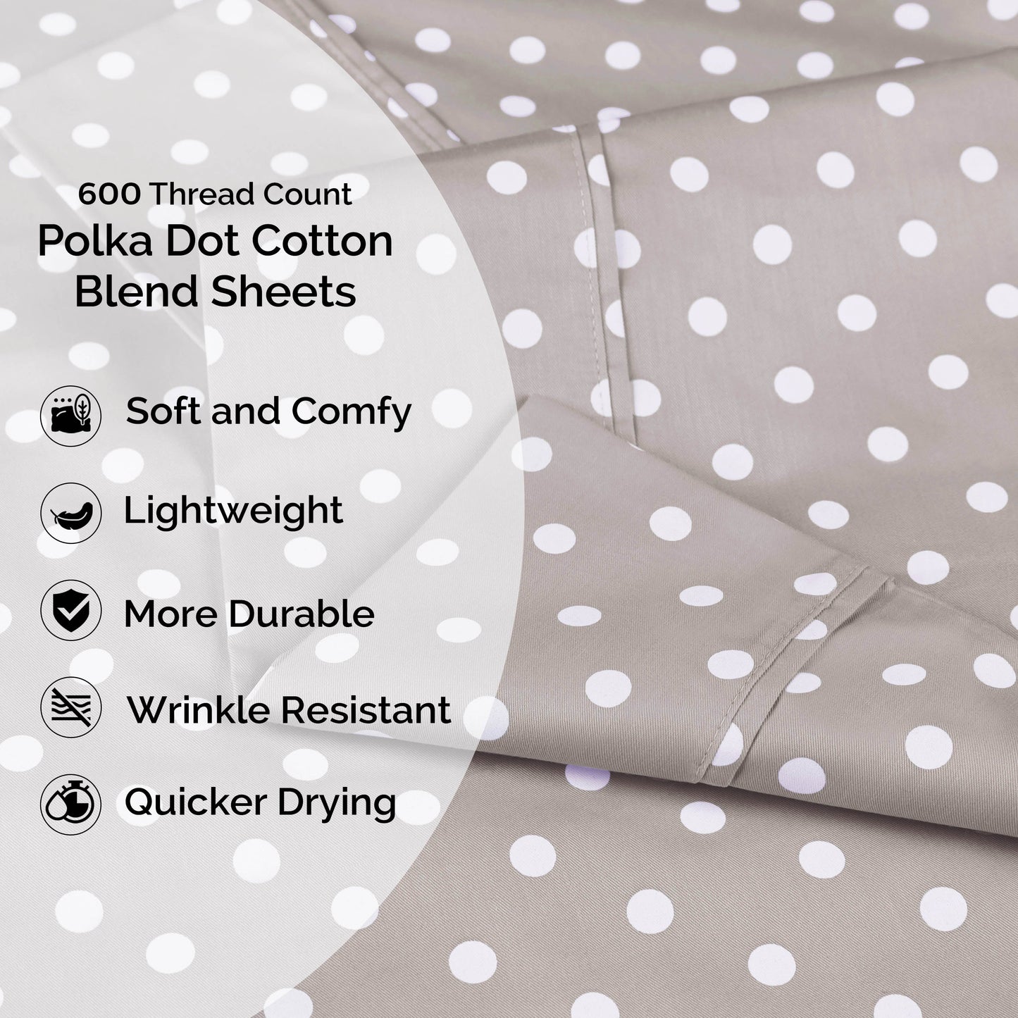 600 Thread Count Cotton Blend Polka Dot Luxury Deep Pocket Retro Bed Sheet Set - Light Grey