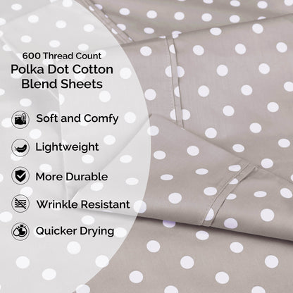 600 Thread Count Cotton Blend Polka Dot Luxury Deep Pocket Retro Bed Sheet Set - Light Grey