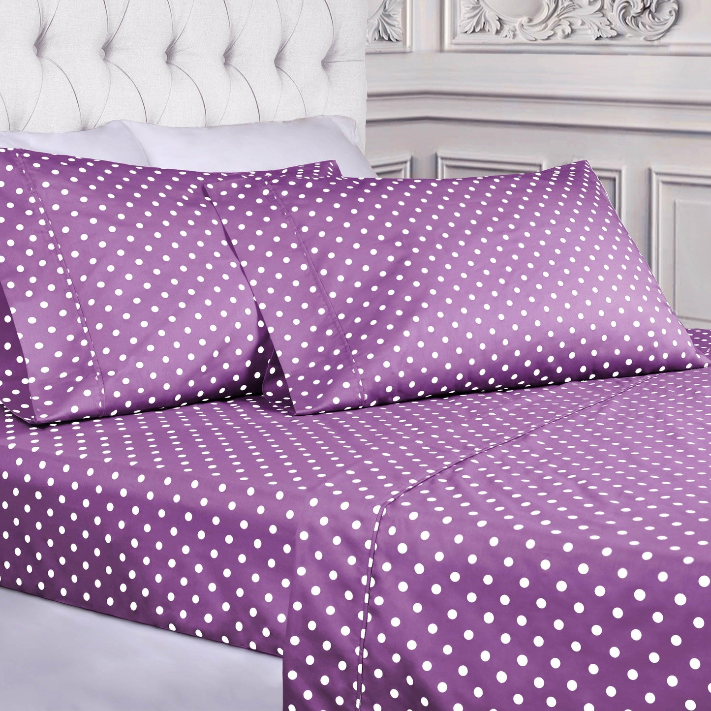 600 Thread Count Cotton Blend Polka Dot Luxury Deep Pocket Retro Bed Sheet Set - Lilac