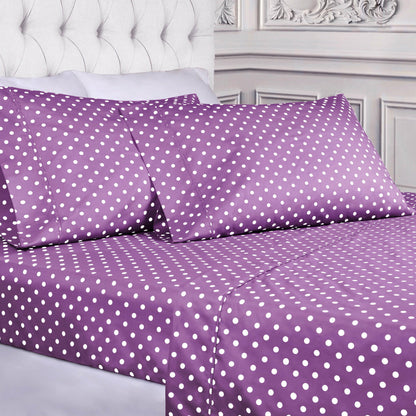 600 Thread Count Cotton Blend Polka Dot Luxury Deep Pocket Retro Bed Sheet Set - Lilac