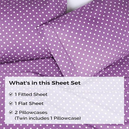 600 Thread Count Cotton Blend Polka Dot Luxury Deep Pocket Retro Bed Sheet Set - Lilac