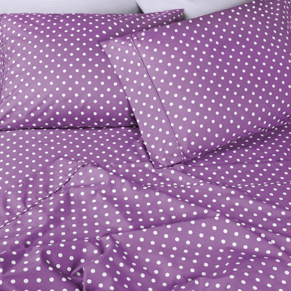 600 Thread Count Cotton Blend Polka Dot Luxury Deep Pocket Retro Bed Sheet Set - Lilac