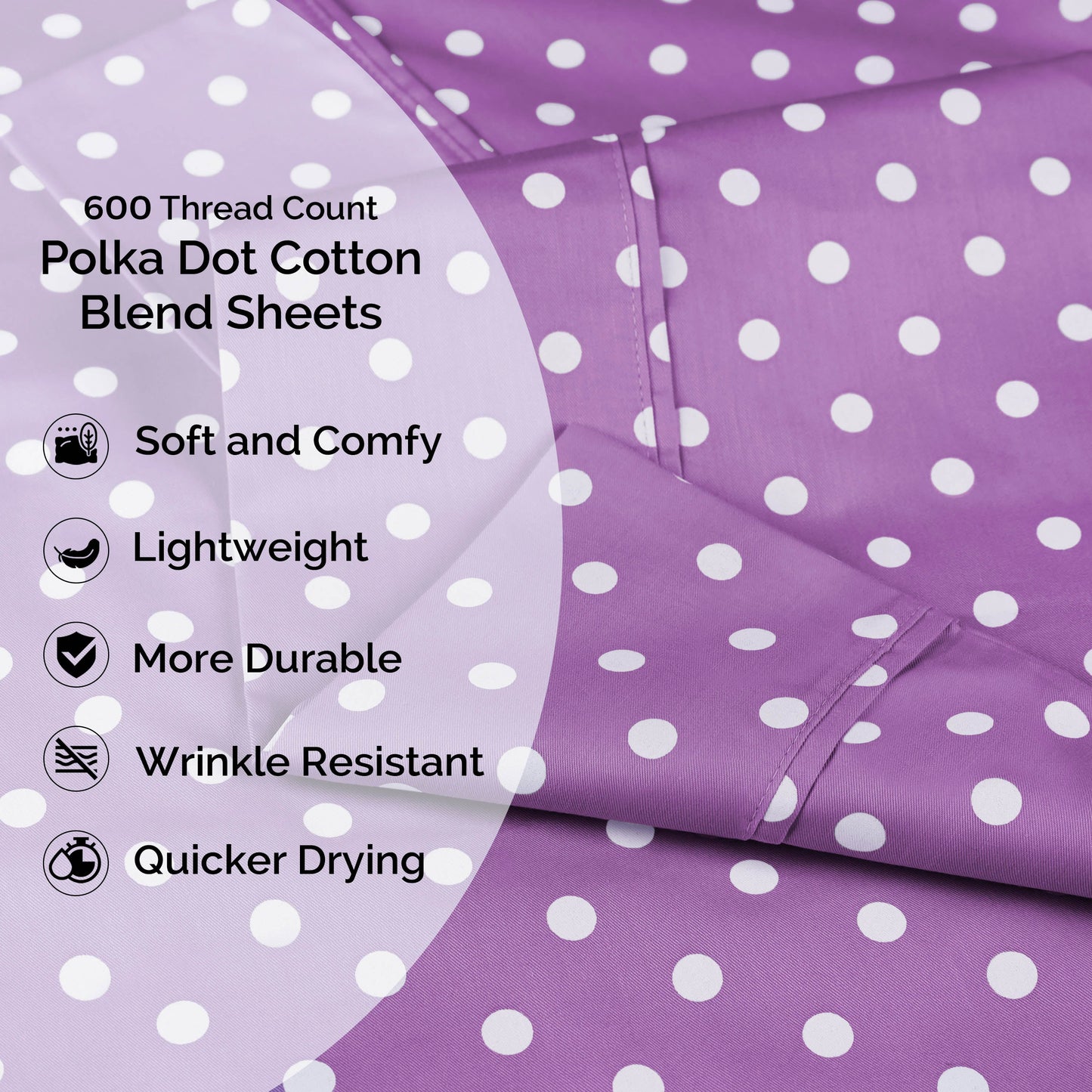 600 Thread Count Cotton Blend Polka Dot Luxury Deep Pocket Retro Bed Sheet Set - Lilac