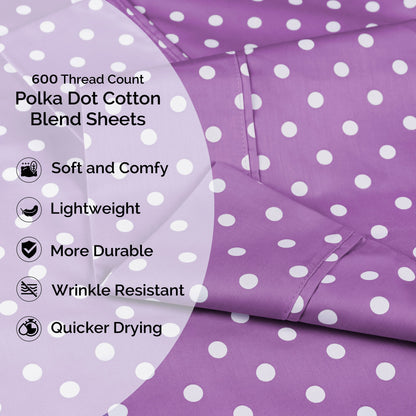 600 Thread Count Cotton Blend Polka Dot Luxury Deep Pocket Retro Bed Sheet Set - Lilac