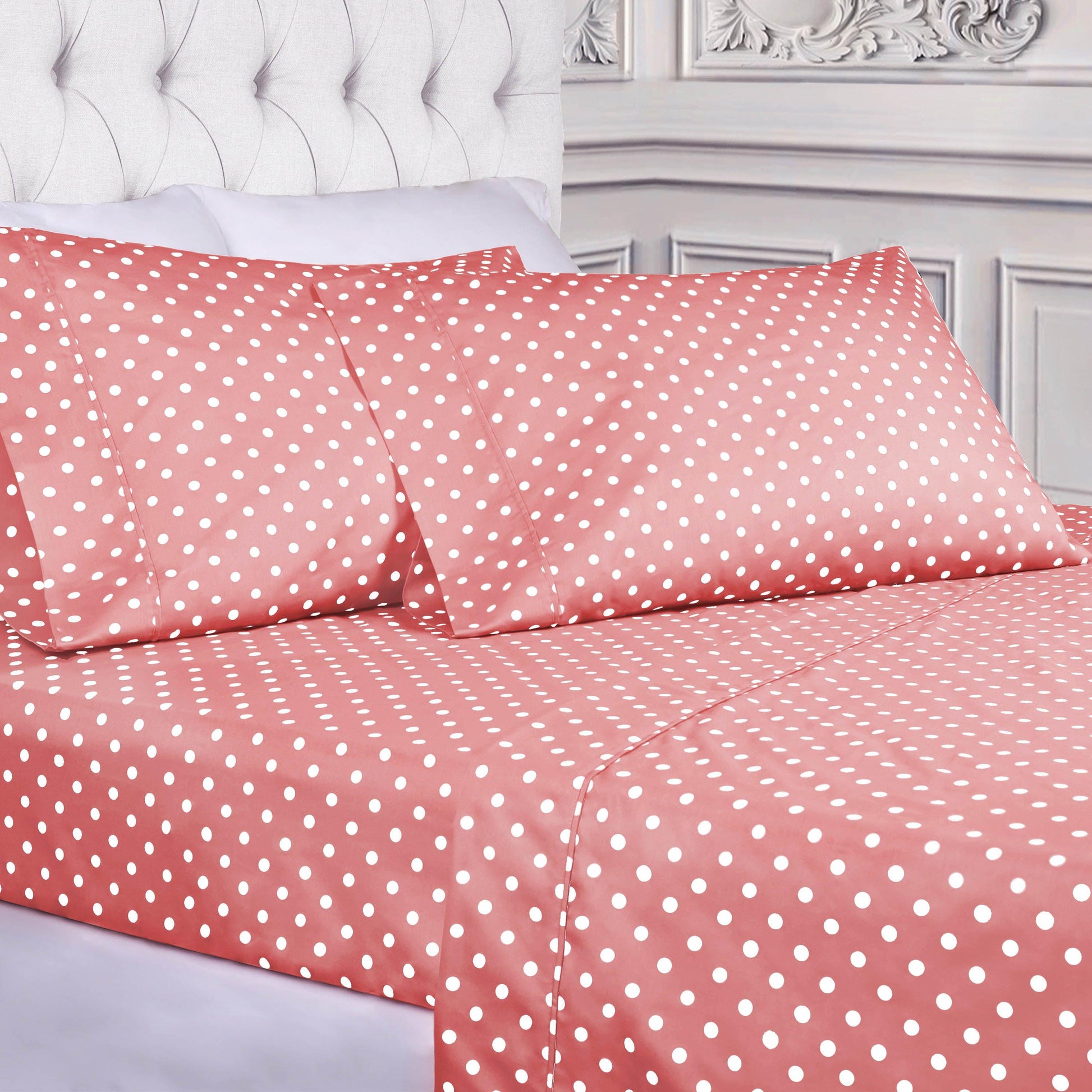 600 Thread Count Cotton Blend Polka Dot Luxury Deep Pocket Retro Bed Sheet Set - Pink