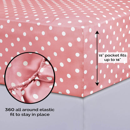 600 Thread Count Cotton Blend Polka Dot Luxury Deep Pocket Retro Bed Sheet Set - Pink