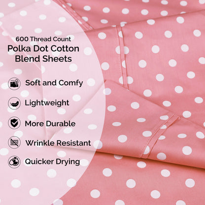 600 Thread Count Cotton Blend Polka Dot Luxury Deep Pocket Retro Bed Sheet Set - Pink