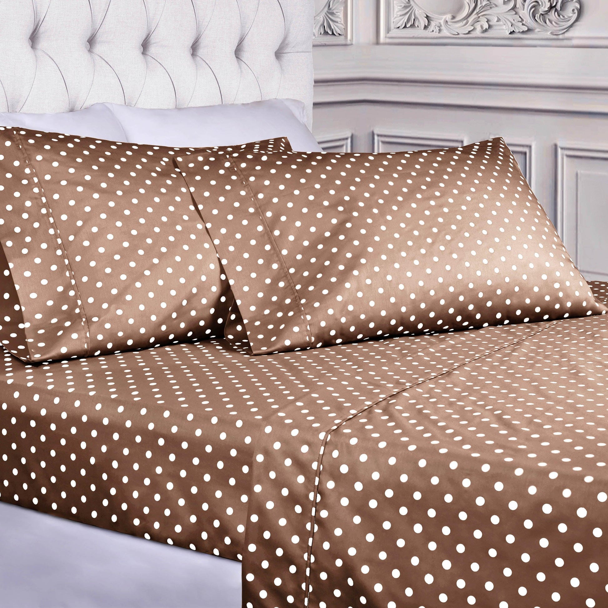 600 Thread Count Cotton Blend Polka Dot Luxury Deep Pocket Retro Bed Sheet Set - Taupe