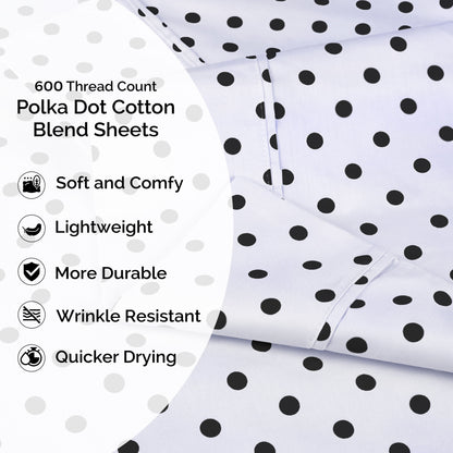600 Thread Count Cotton Blend Polka Dot Luxury Deep Pocket Retro Bed Sheet Set - White