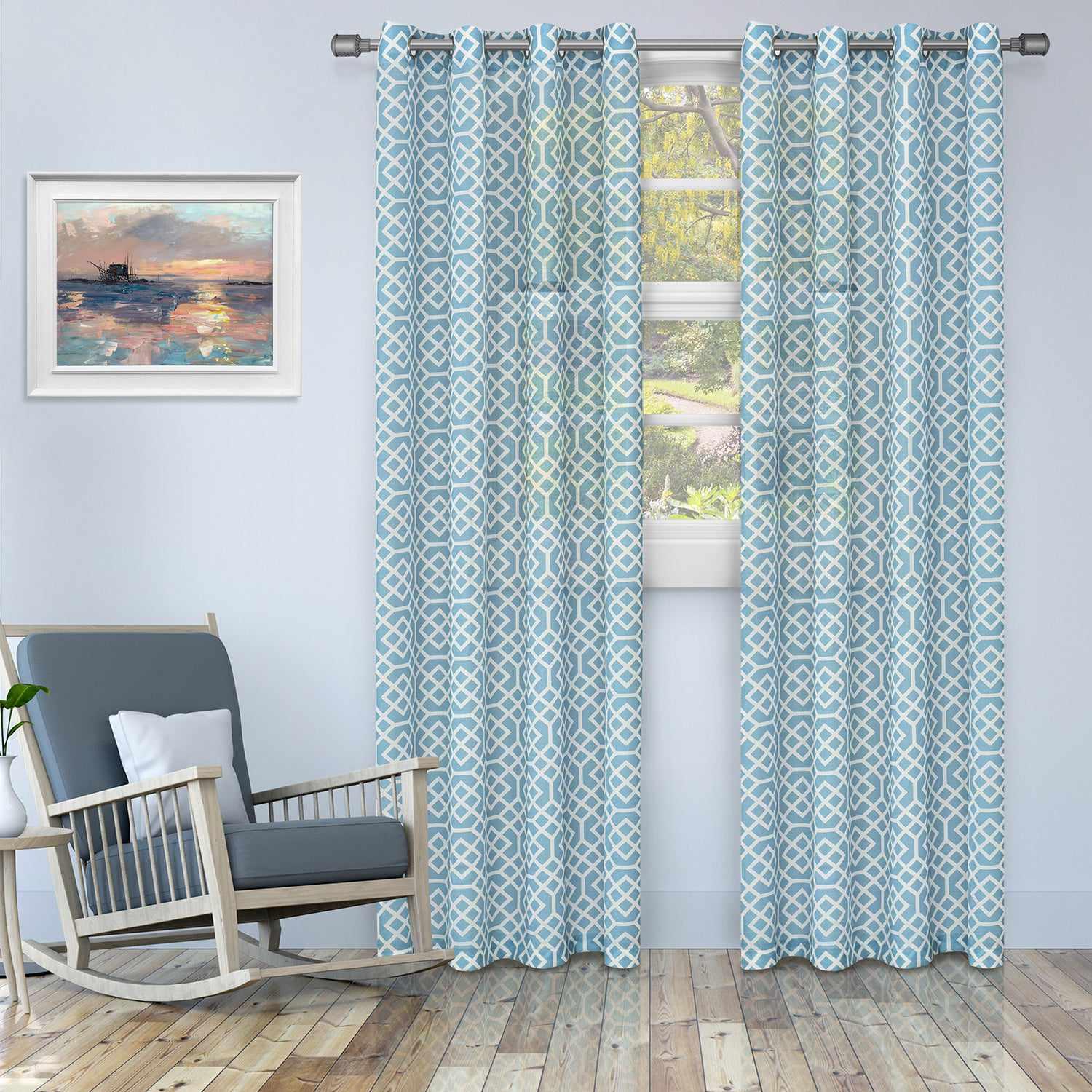 Geometric Semi Sheer 2-Piece Curtain Panel Set - Light Blue