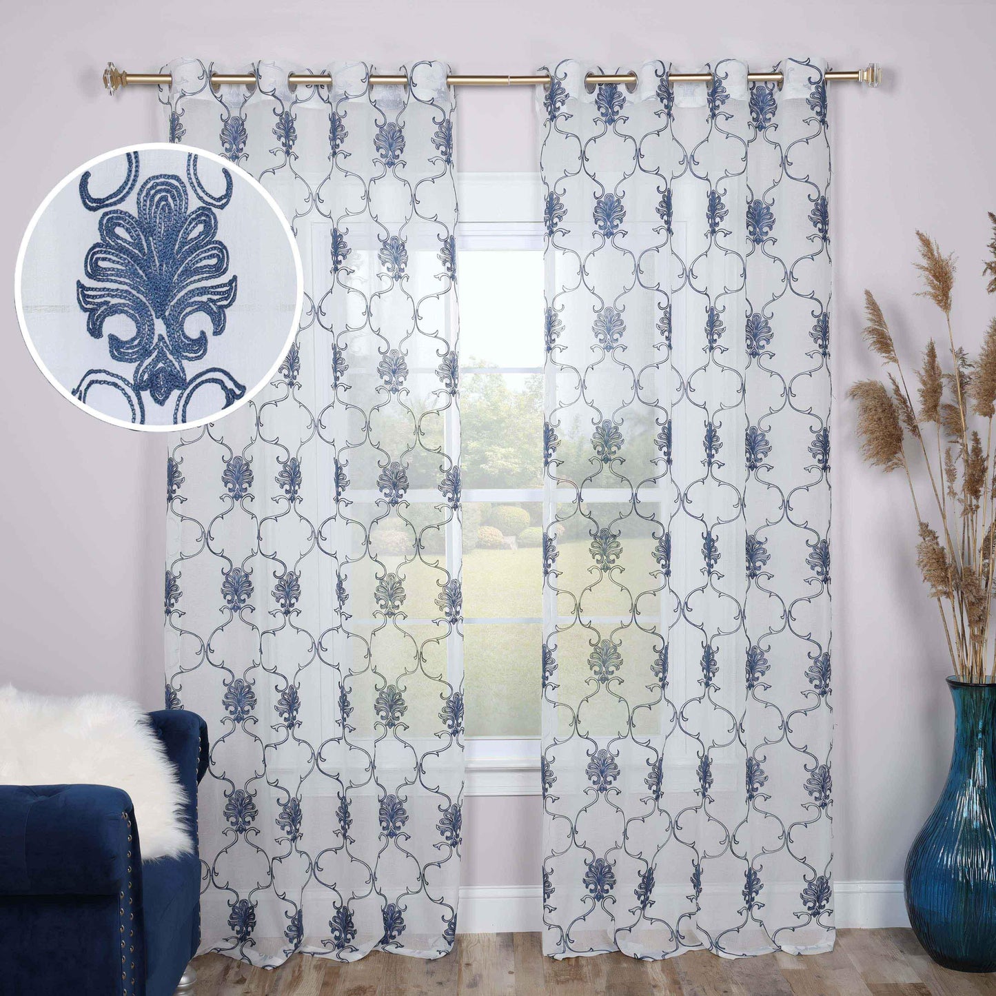 Embroidered Scroll Grommet 2-Piece Sheer Curtain Panel Set