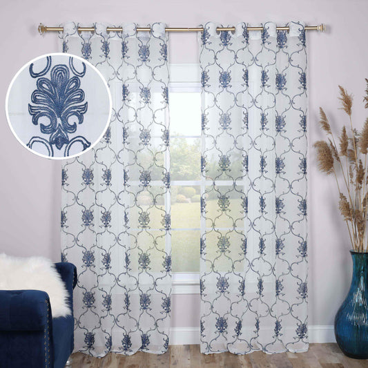 Embroidered Scroll Grommet 2-Piece Sheer Curtain Panel Set