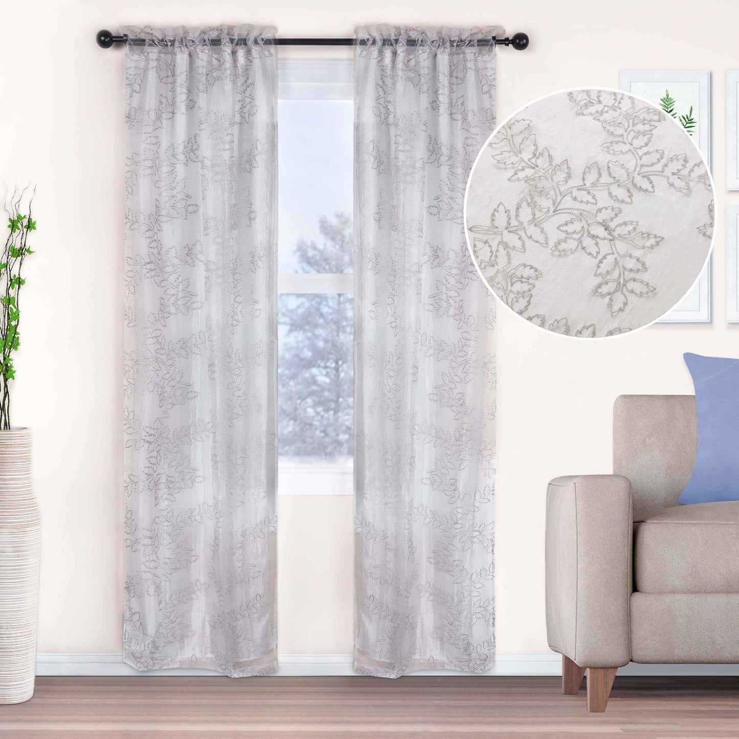 Embroidered Leaves Grommet 2 Piece Layered Sheer Curtain Panel Set