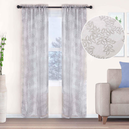 Embroidered Leaves Grommet 2 Piece Layered Sheer Curtain Panel Set